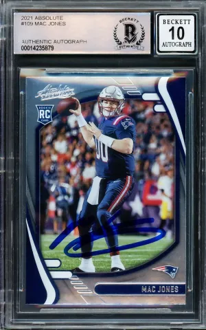 Mac Jones Autographed 2021 Panini Absolute Rookie Card #109 New England Patriots Auto Grade Gem Mint 10 Beckett BAS Stock #205969