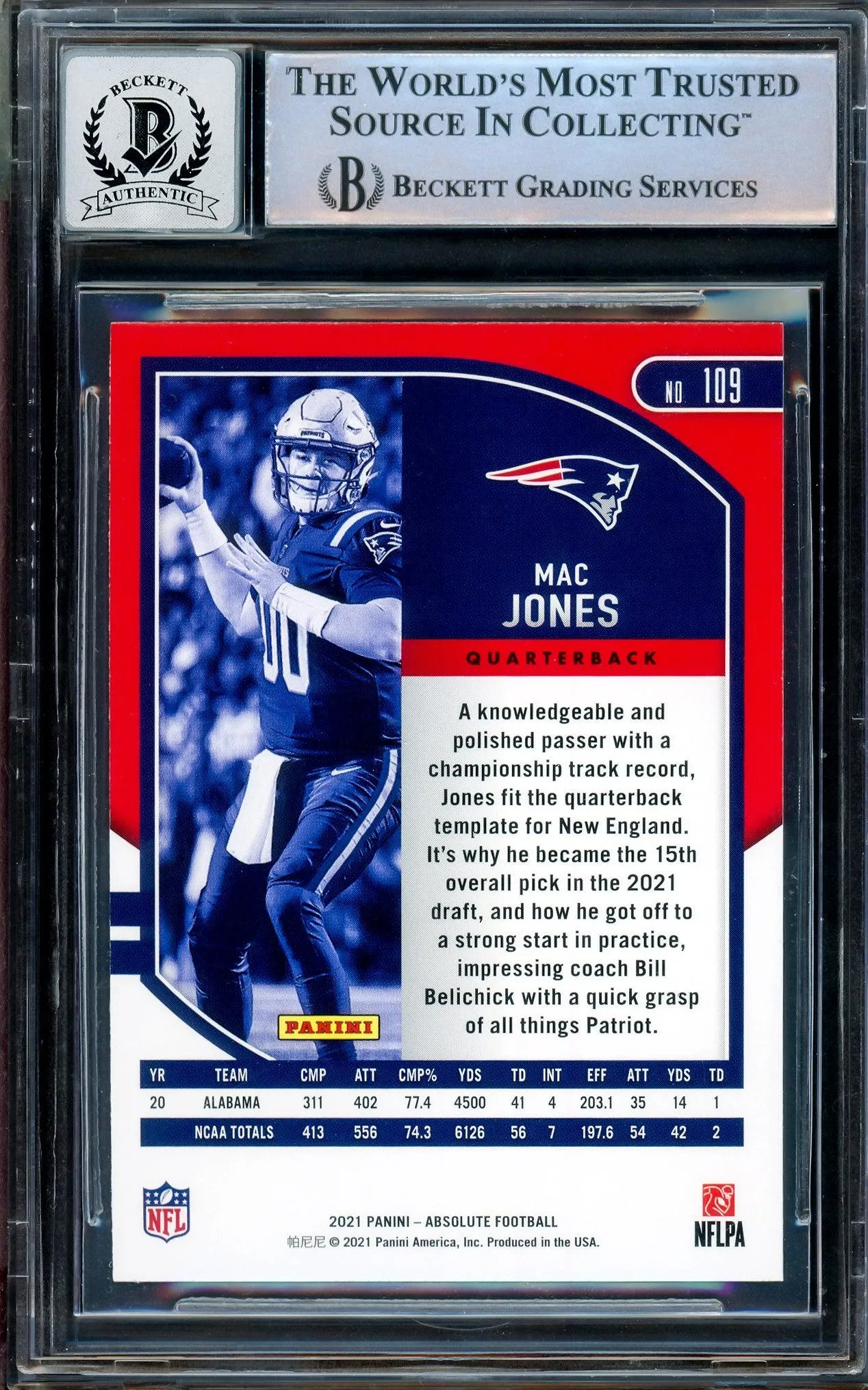 Mac Jones Autographed 2021 Panini Absolute Rookie Card #109 New England Patriots Auto Grade Gem Mint 10 Beckett BAS Stock #205969