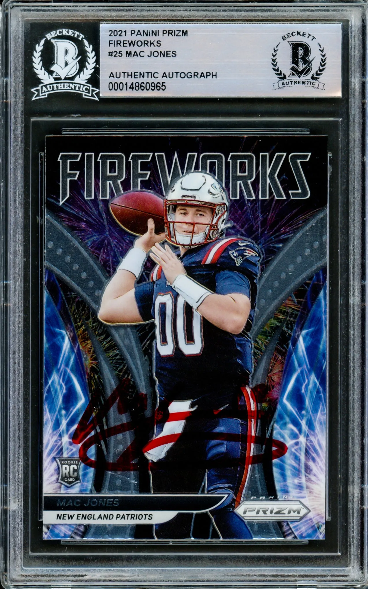 Mac Jones Autographed 2021 Panini Prizm Fireworks Rookie Card #F-25 New England Patriots Beckett BAS #14860965