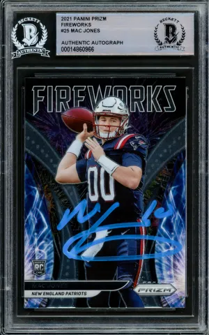 Mac Jones Autographed 2021 Panini Prizm Fireworks Rookie Card #F-25 New England Patriots Beckett BAS #14860966