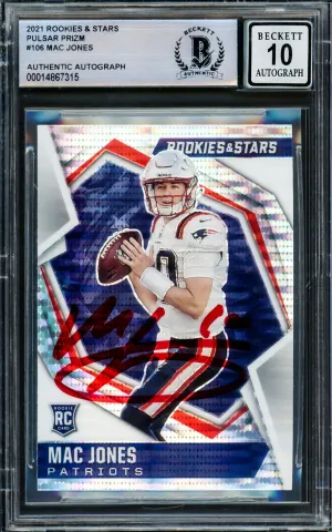 Mac Jones Autographed 2021 Panini Rookie & Stars Silver Pulsar Prizm Rookie Card #106 New England Patriots Auto 10 Beckett BAS Stock #210514