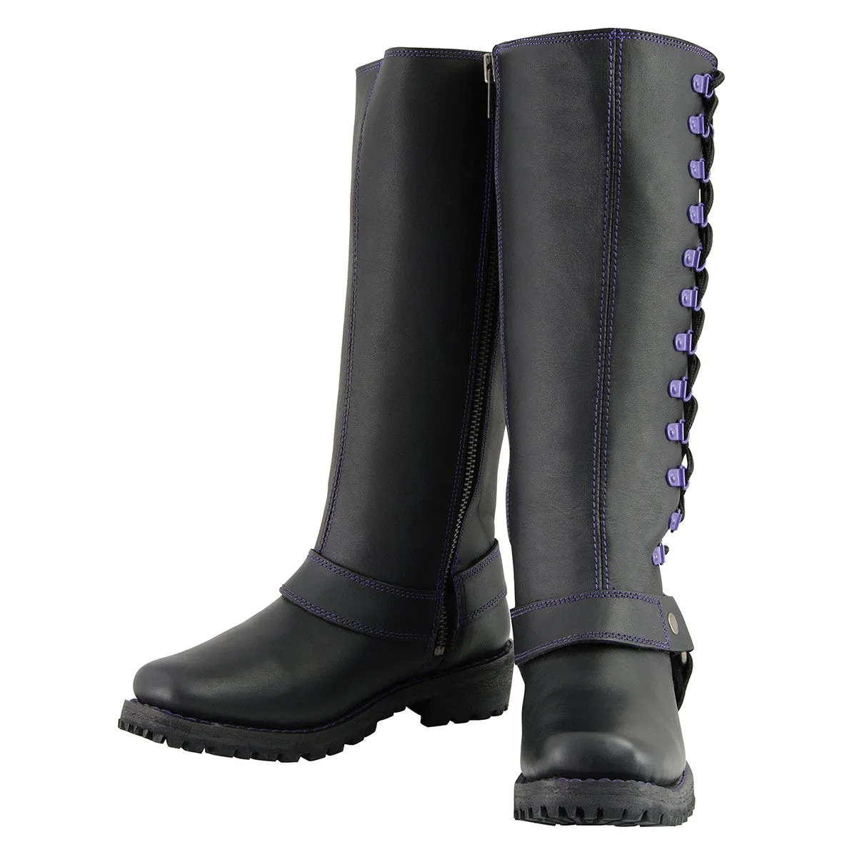 Milwaukee Leather MBL9366 Women's Black 14-inch Leather Harness Boots with Purple Accent Lacing