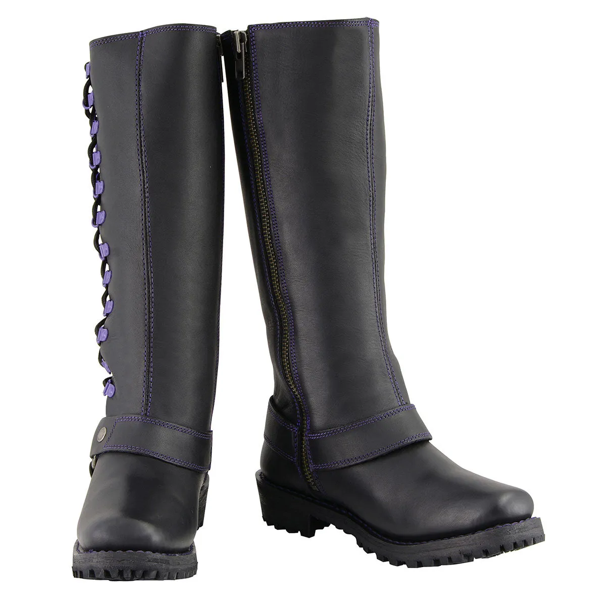 Milwaukee Leather MBL9366 Women's Black 14-inch Leather Harness Boots with Purple Accent Lacing