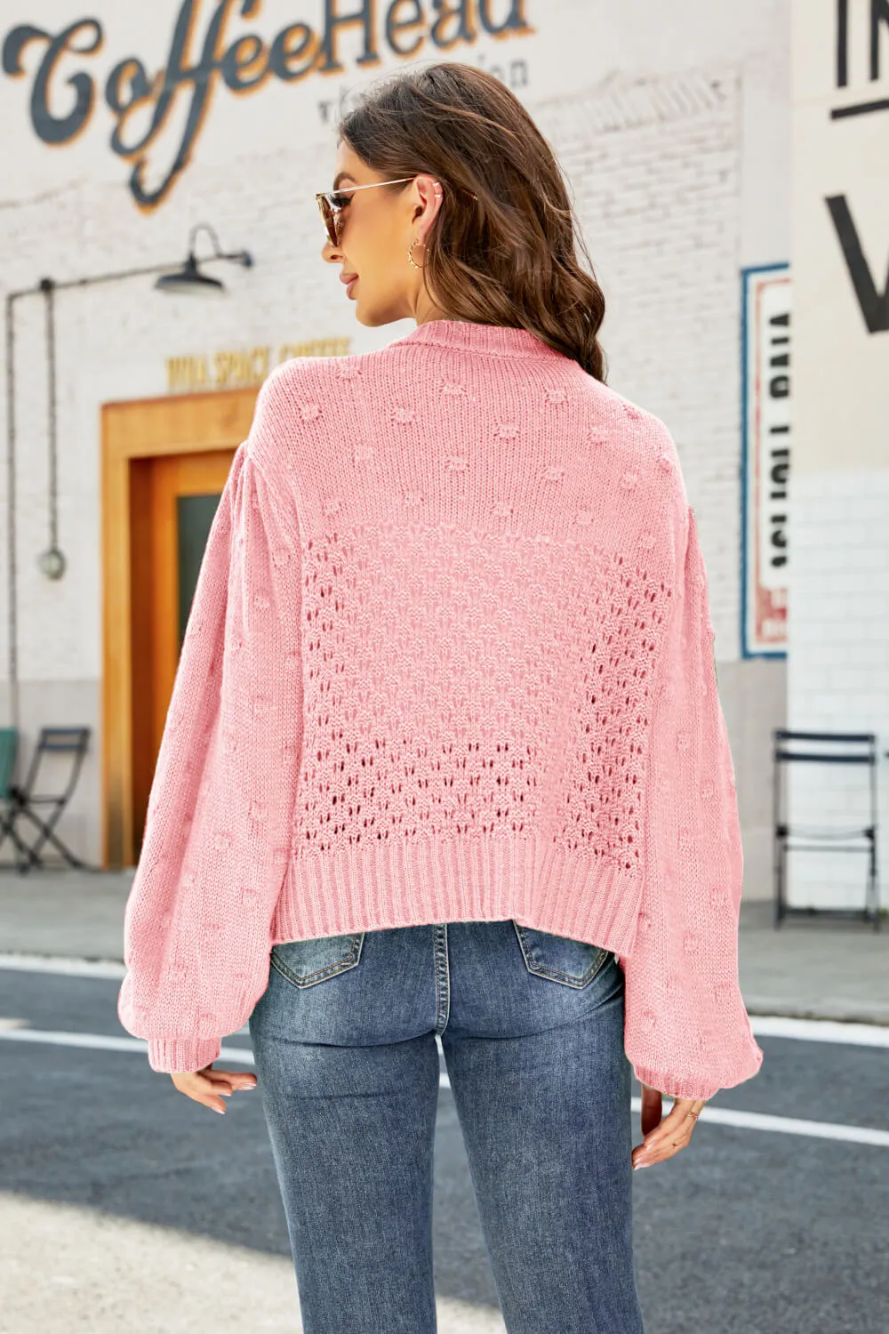 Openwork Pompom Puff Sleeve Cardigan