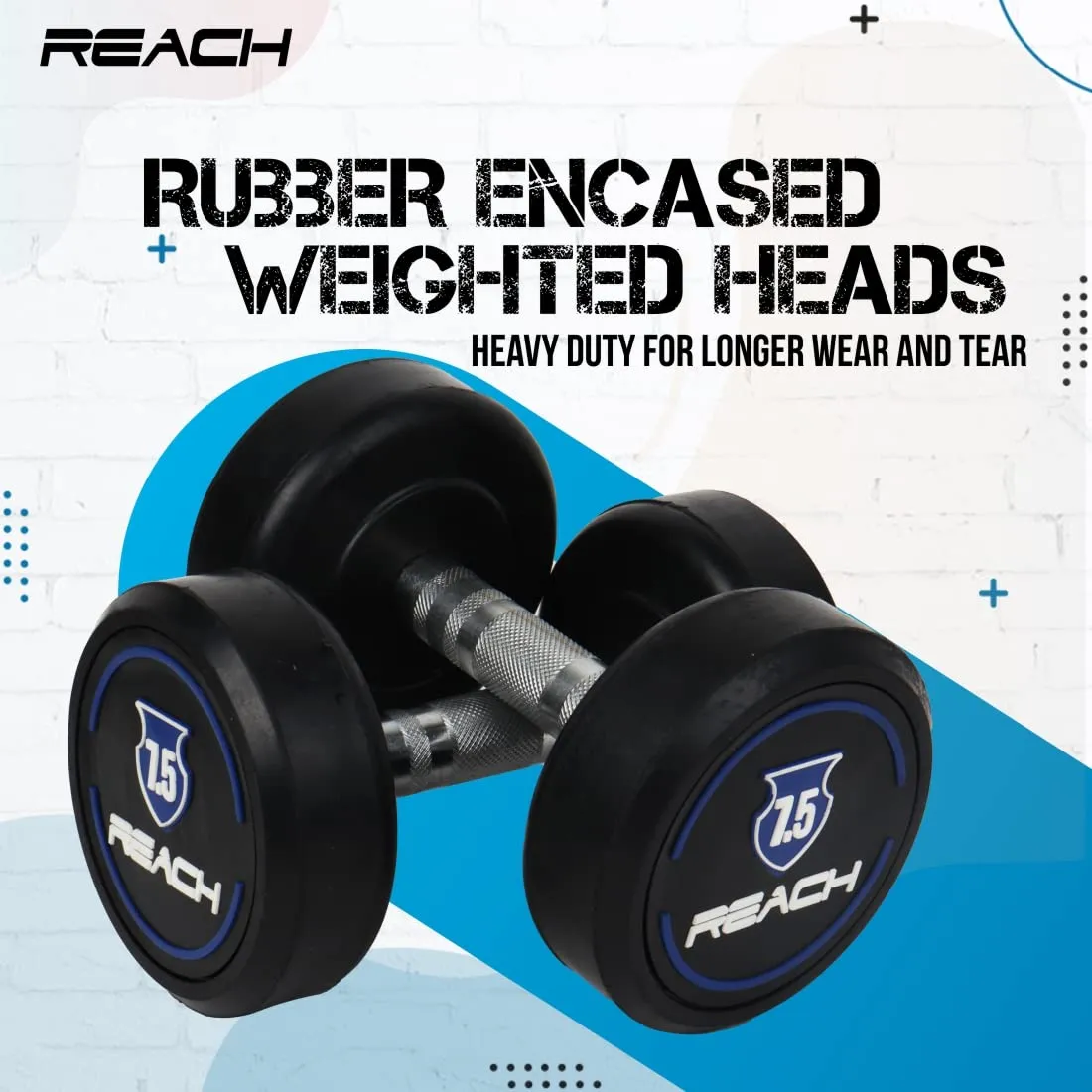 Reach Round Rubber Dumbbells 7.5 Kg Set of 2 for Men & Women | Gym Equipment Set for Home Gym Workout & Exercise | For Strength Training & Fitness Accessories & Tools