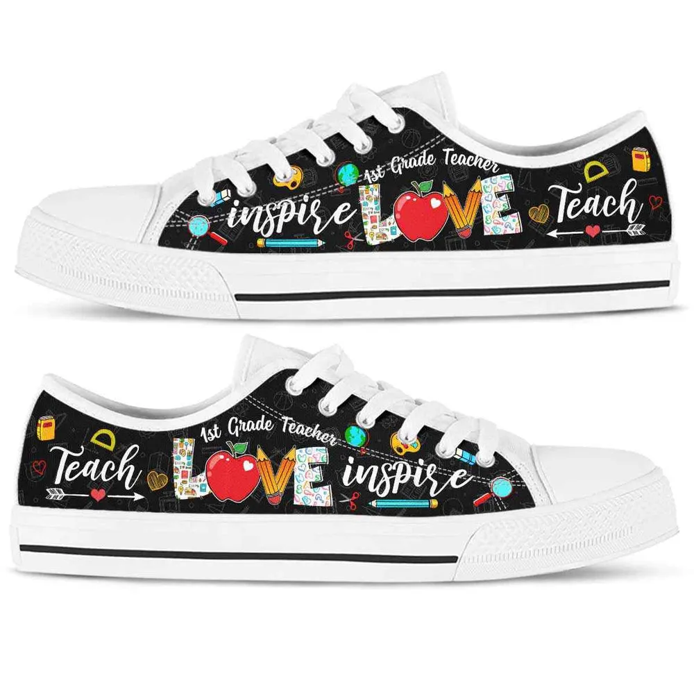 School 1St Grade Teacher Apple Teach Love Inspire Low Top Shoes, Teacher Shoes, Low Top Sneakers