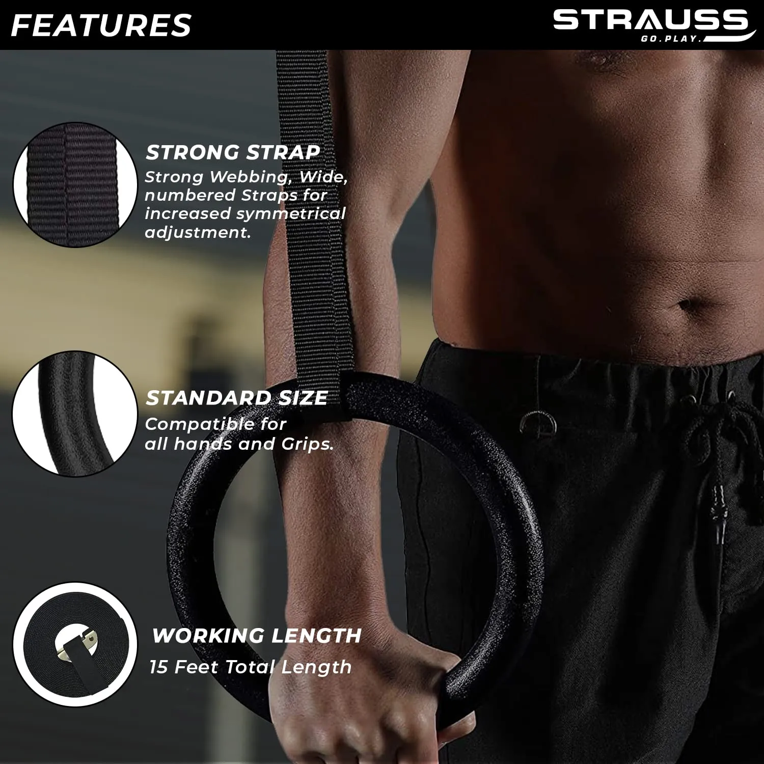 Strauss ABS Gymnastics Ring Set | Heavy Duty Adjustable Straps for Cross-fit & Strength Training | Gym Rings for Bodyweight Exercises | Ideal for Pull-Ups, Dips, and Muscle Building,(Black)