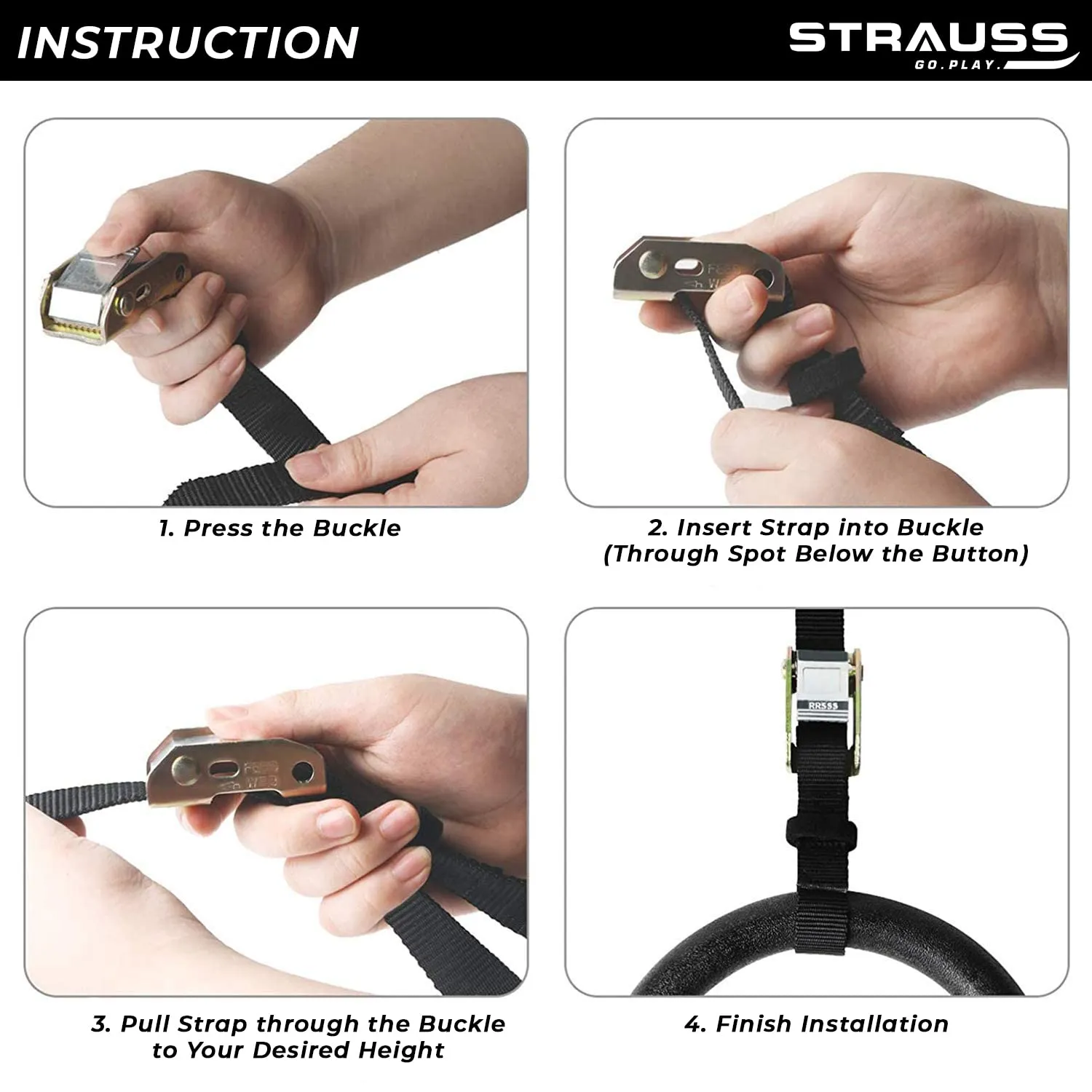 Strauss ABS Gymnastics Ring Set | Heavy Duty Adjustable Straps for Cross-fit & Strength Training | Gym Rings for Bodyweight Exercises | Ideal for Pull-Ups, Dips, and Muscle Building,(Black)