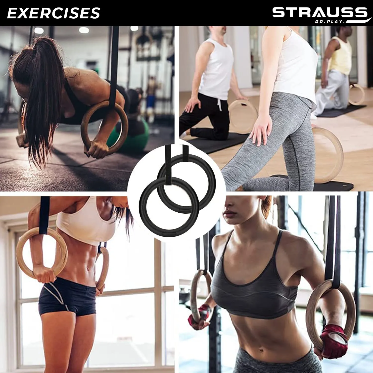 Strauss ABS Gymnastics Ring Set | Heavy Duty Adjustable Straps for Cross-fit & Strength Training | Gym Rings for Bodyweight Exercises | Ideal for Pull-Ups, Dips, and Muscle Building,(Black)