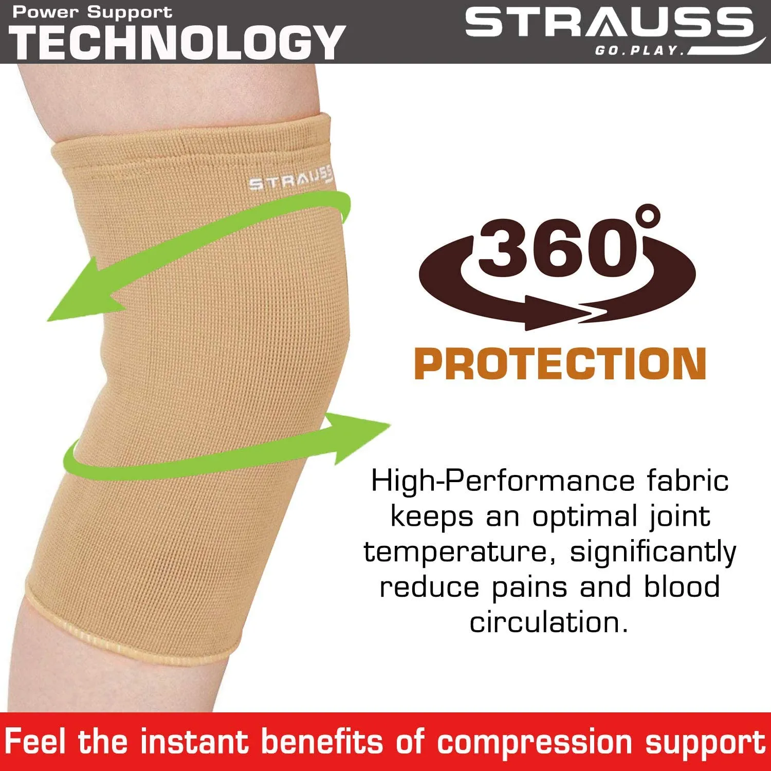 STRAUSS Elastic Knee Cap Support | Support for Ankle, Knee, Elbow Pain Relief, Sports & Workout | Can Be Used For Squats and Powerlifting | Large, 1Pair,(Beige)