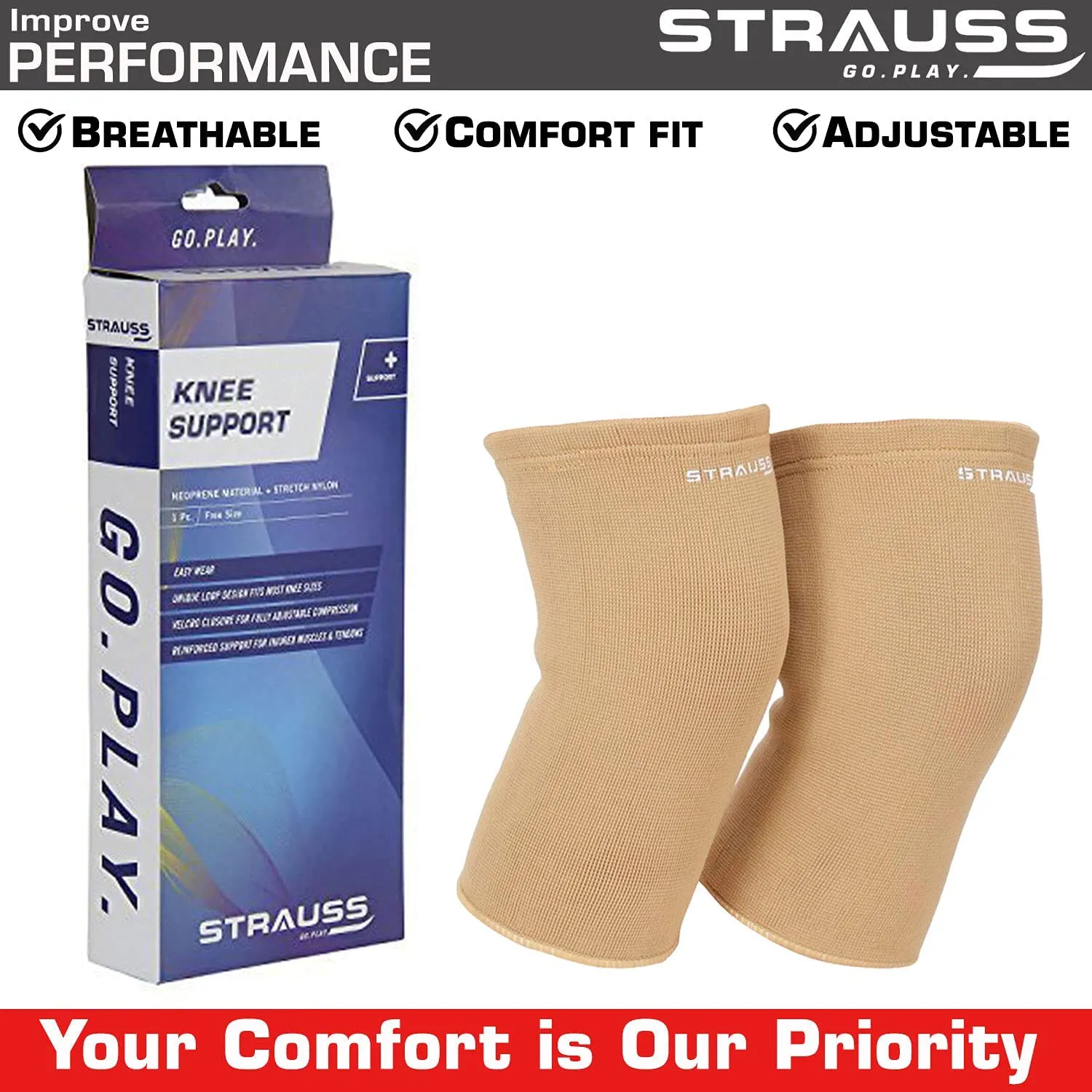 STRAUSS Elastic Knee Cap Support | Support for Ankle, Knee, Elbow Pain Relief, Sports & Workout | Can Be Used For Squats and Powerlifting | Large, 1Pair,(Beige)