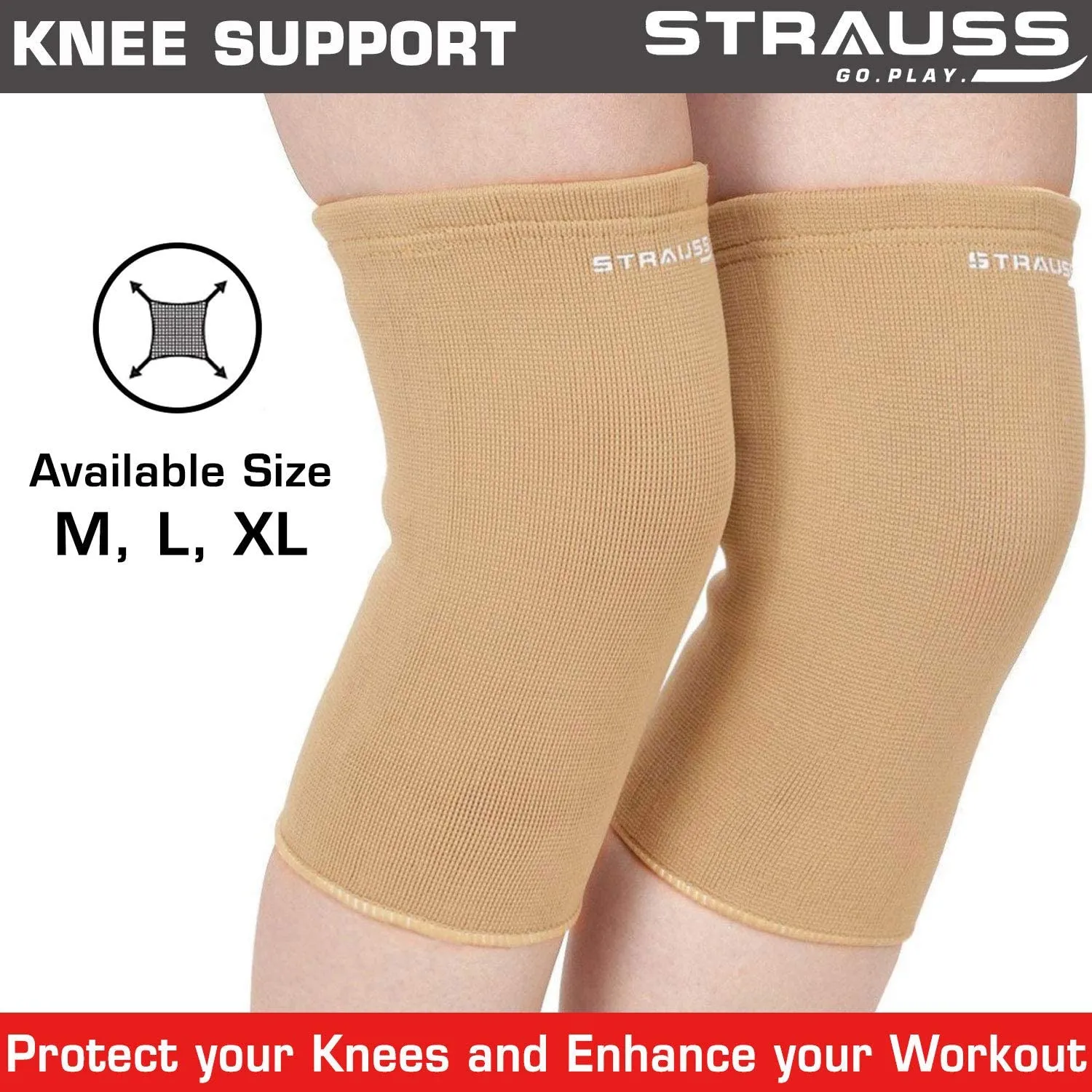 STRAUSS Elastic Knee Cap Support | Support for Ankle, Knee, Elbow Pain Relief, Sports & Workout | Can Be Used For Squats and Powerlifting | Large, 1Pair,(Beige)