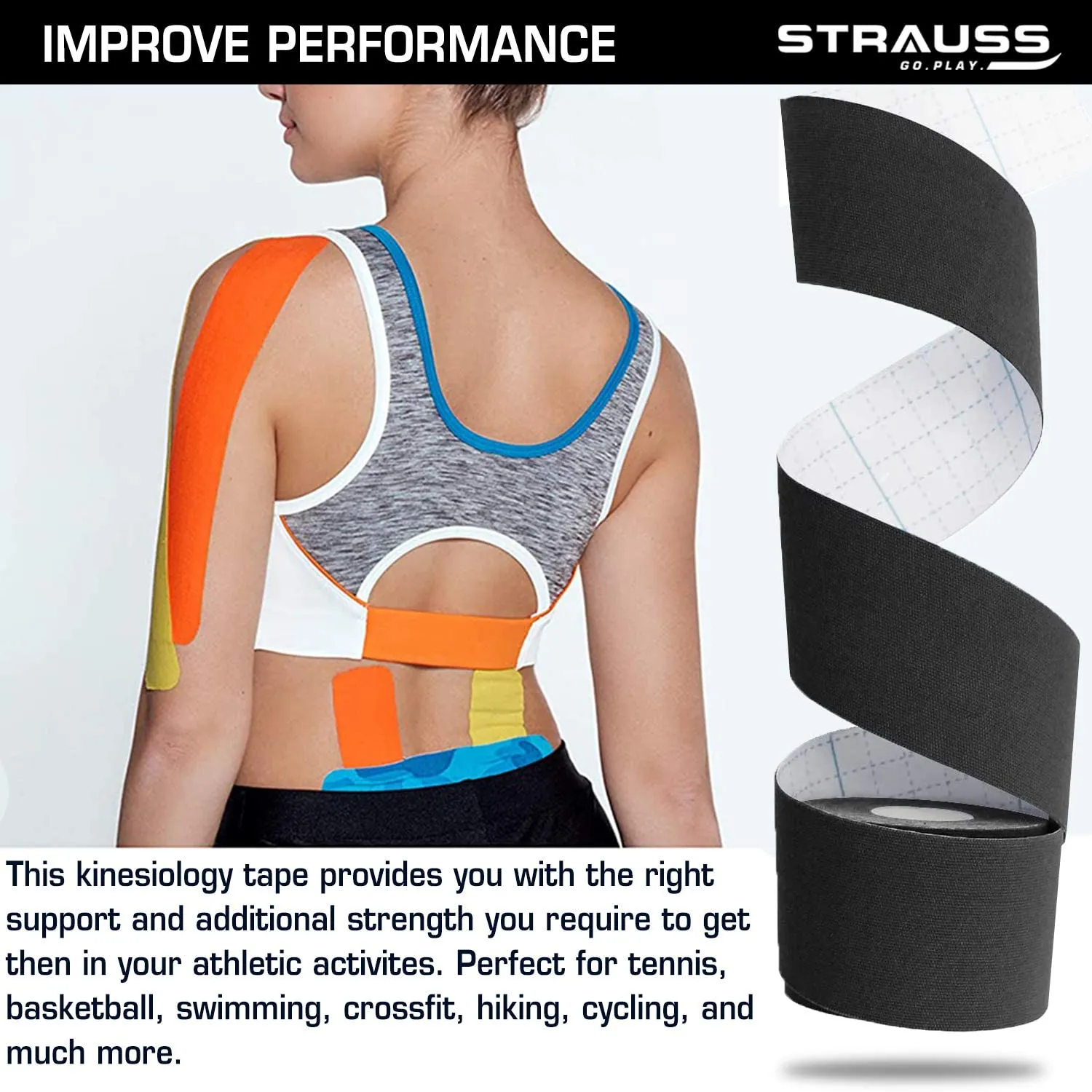 Strauss Kinesiology Sports Tape Knee, Calf & Thigh Support, (Black), (Pack of 2)