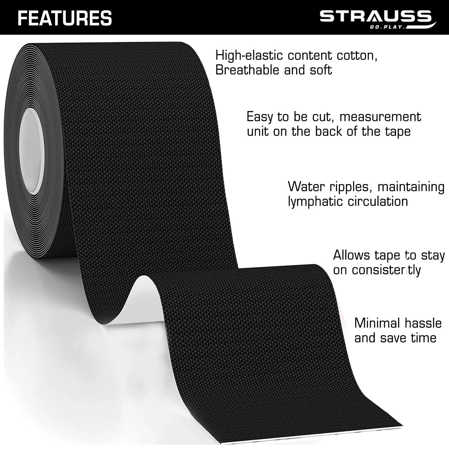 Strauss Kinesiology Sports Tape Knee, Calf & Thigh Support, (Black), (Pack of 2)