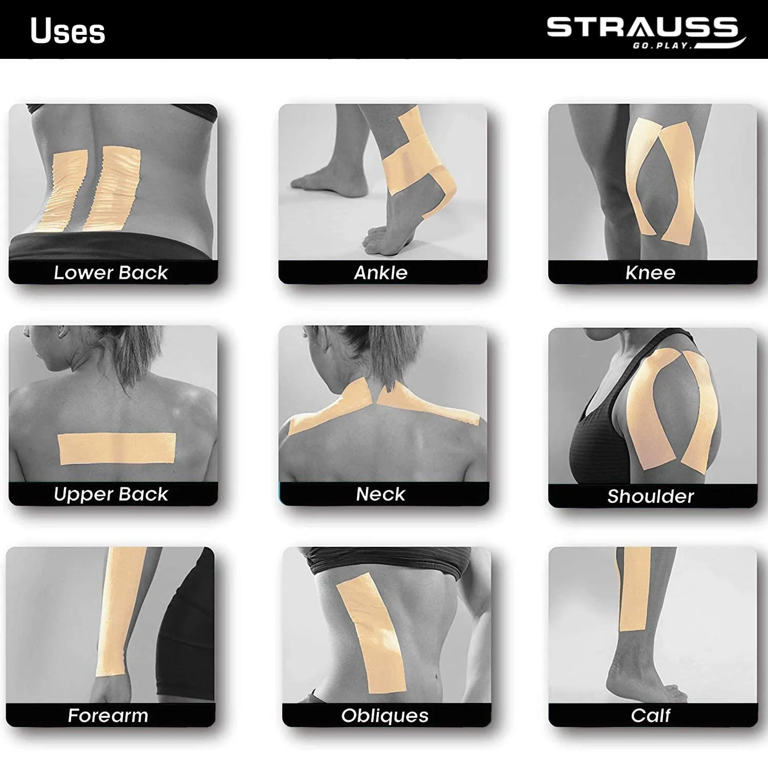 Strauss Kinesiology Sports Tape Knee, Calf & Thigh Support, (Black), (Pack of 2)