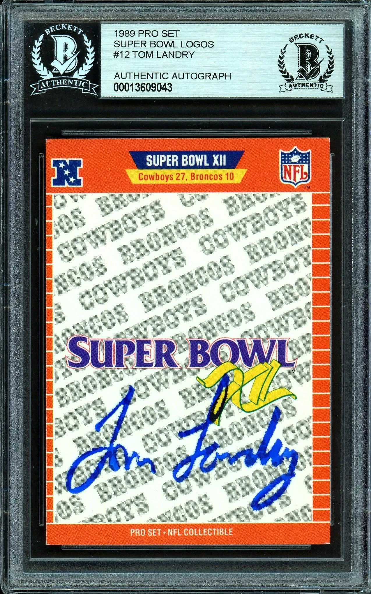 Tom Landry Autographed 1989 Pro Set Card #XII Dallas Cowboys Super Bowl XII Beckett BAS #13609043