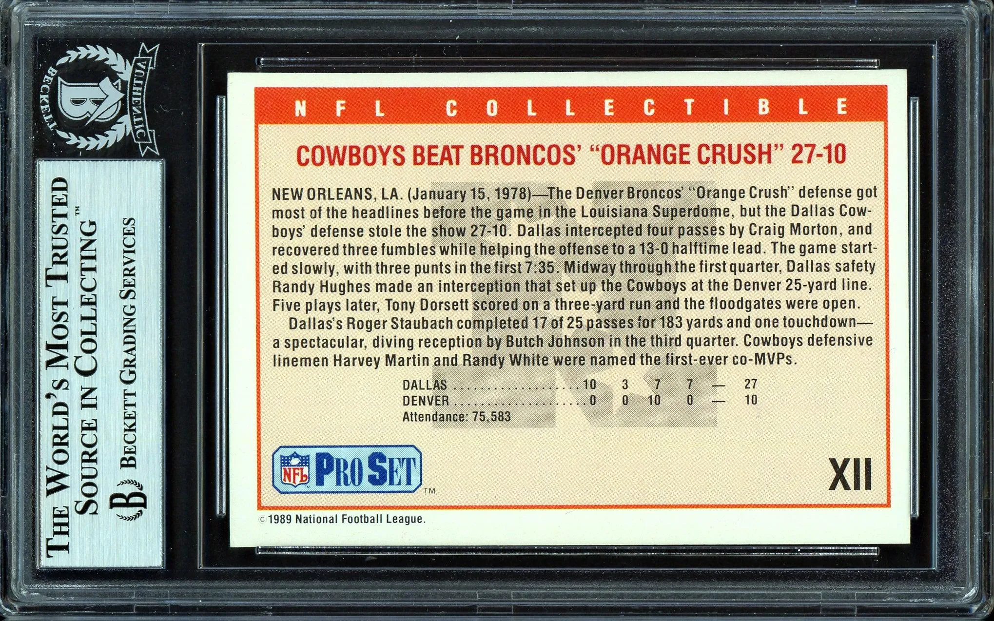 Tom Landry Autographed 1989 Pro Set Card #XII Dallas Cowboys Super Bowl XII Beckett BAS #13609043