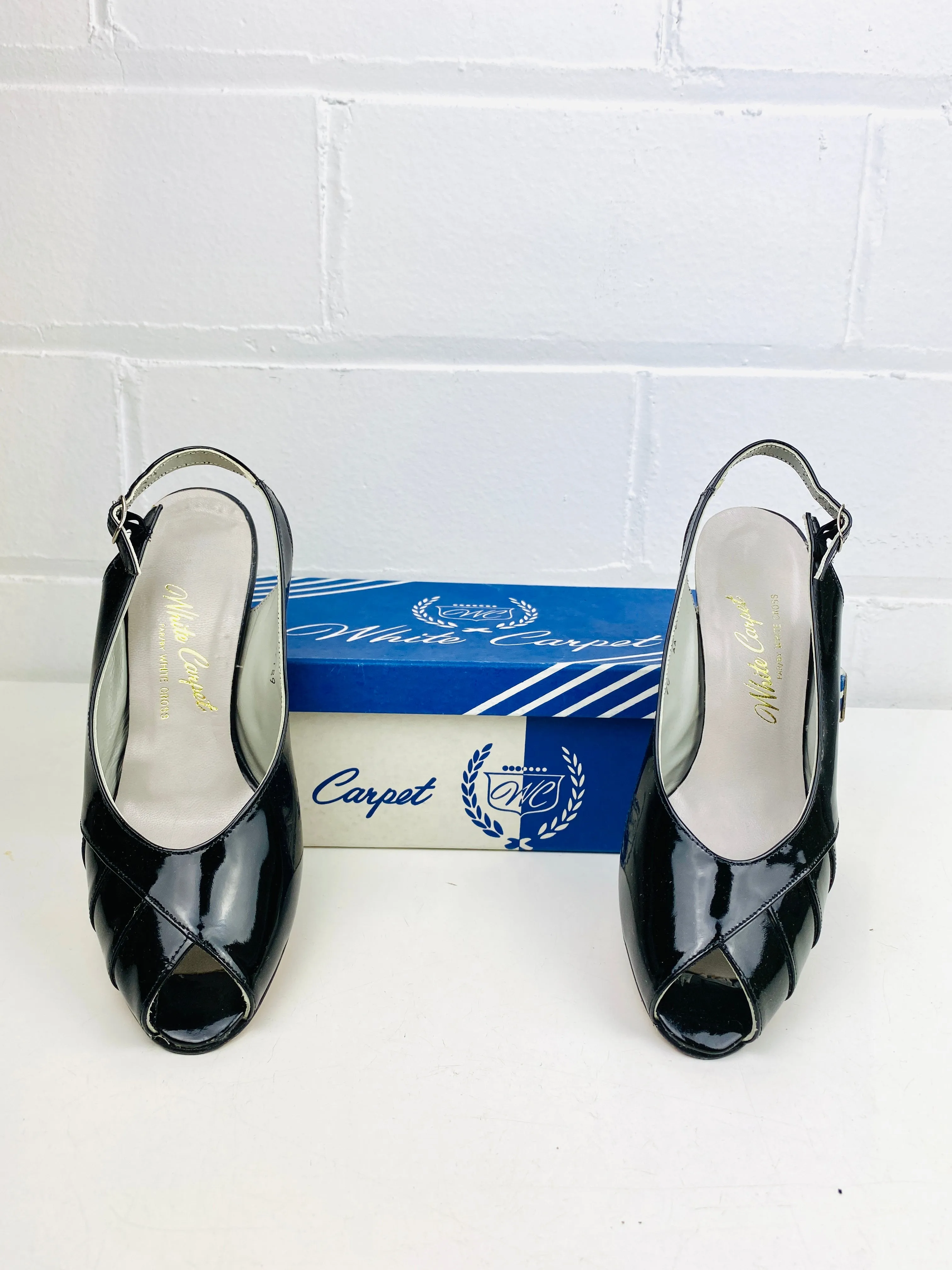 Vintage Deadstock Shoes, Women's 1980s Black Sling-Back Patent Leather Pumps NOS, 4315