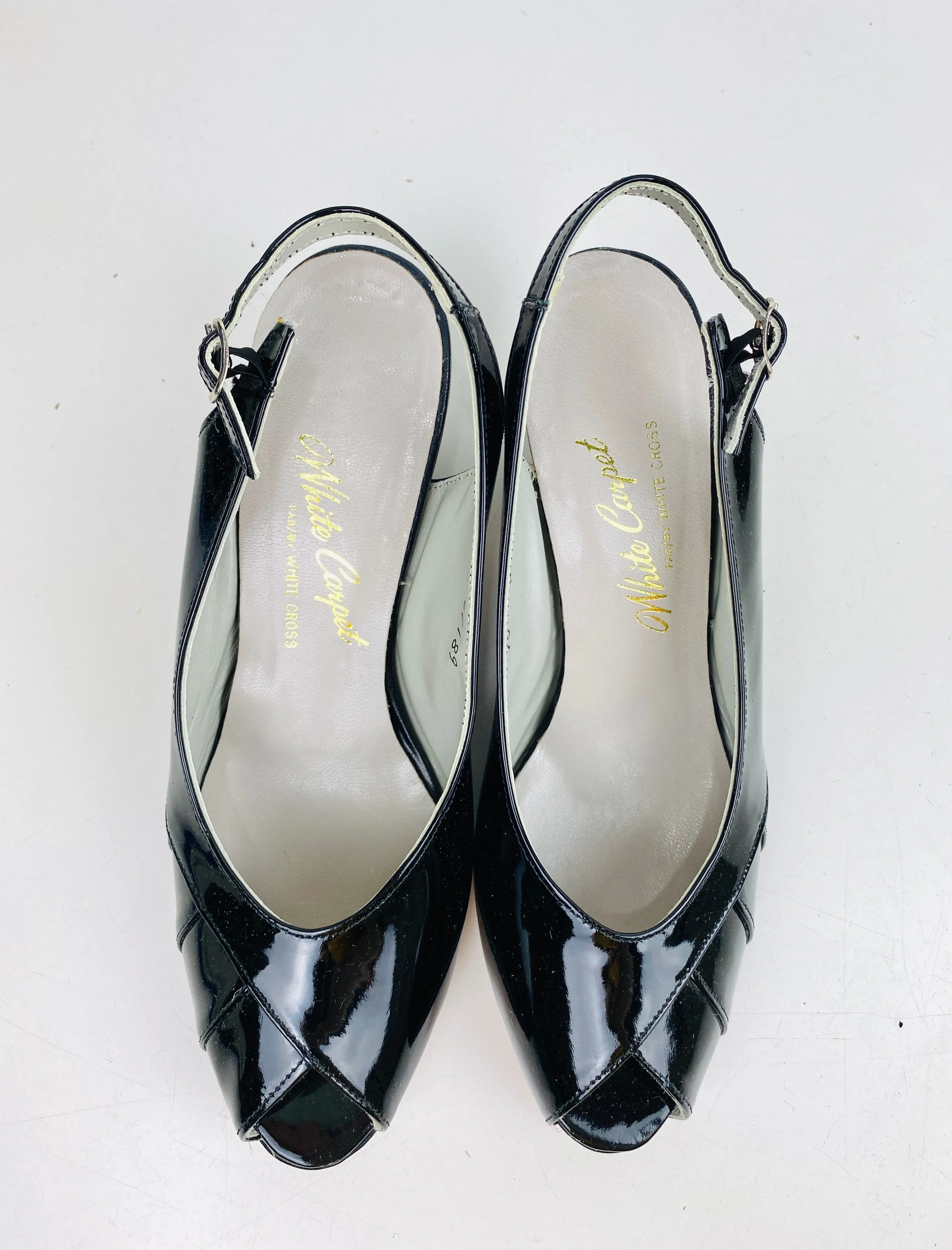 Vintage Deadstock Shoes, Women's 1980s Black Sling-Back Patent Leather Pumps NOS, 4315