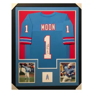 Warren Moon Signed HOF 06 Framed Vertical Layout Pro Edition Blue Jersey (JSA)