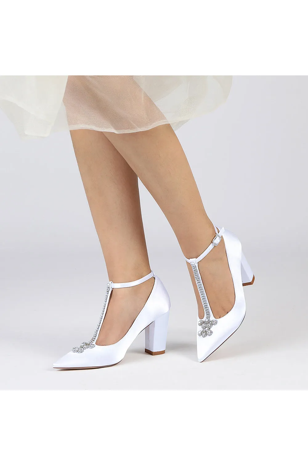 White Leather Pump with Silver Chain and Crystal Accent