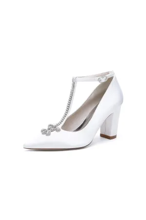 White Leather Pump with Silver Chain and Crystal Accent