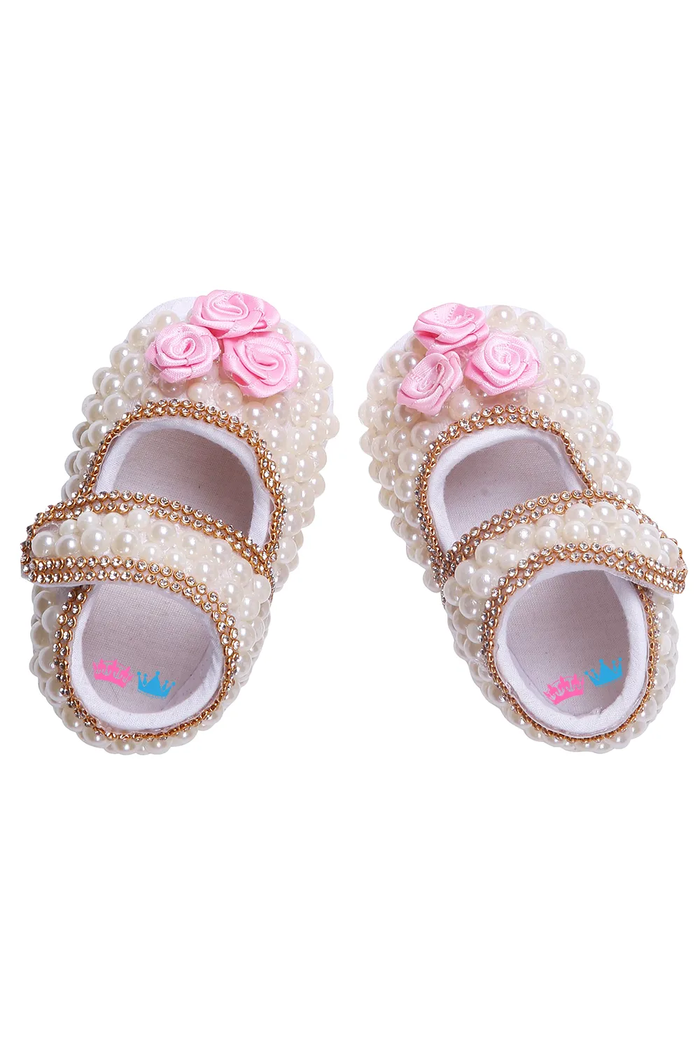 White Pearl and Pink Flower With Chain Border Shoes