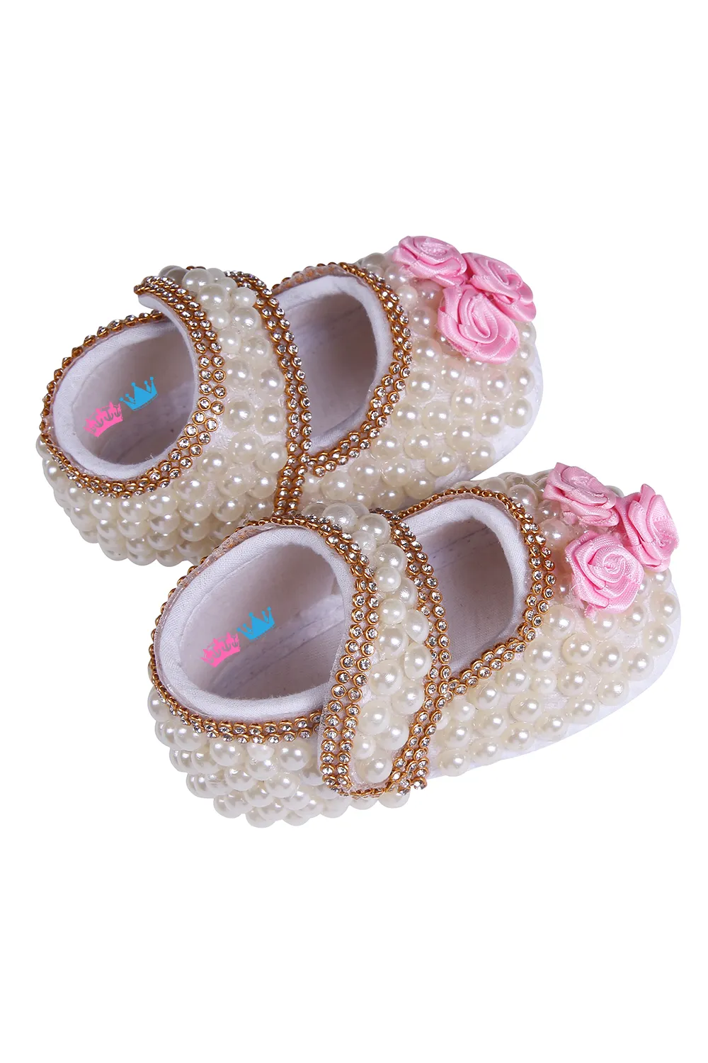 White Pearl and Pink Flower With Chain Border Shoes