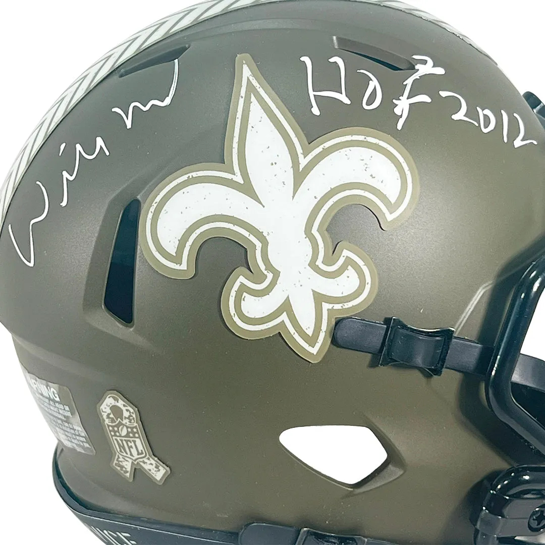 Willie Roaf Signed HOF 2012 Inscription New Orleans Saints Salute to Service Speed Mini Football Helmet (JSA)