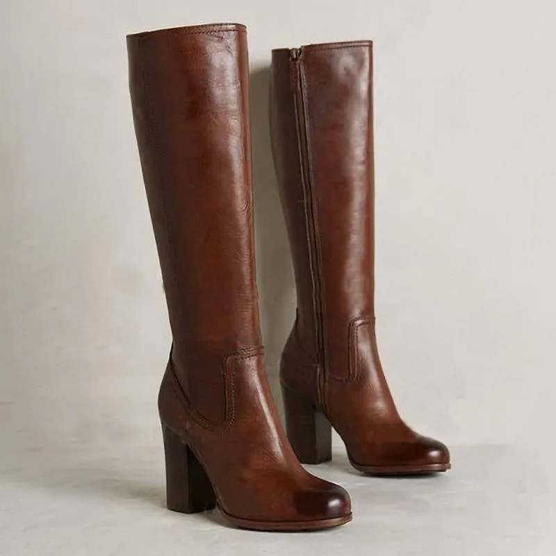 Women fashion chunky high heel side zipper brown boots