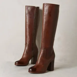 Women fashion chunky high heel side zipper brown boots