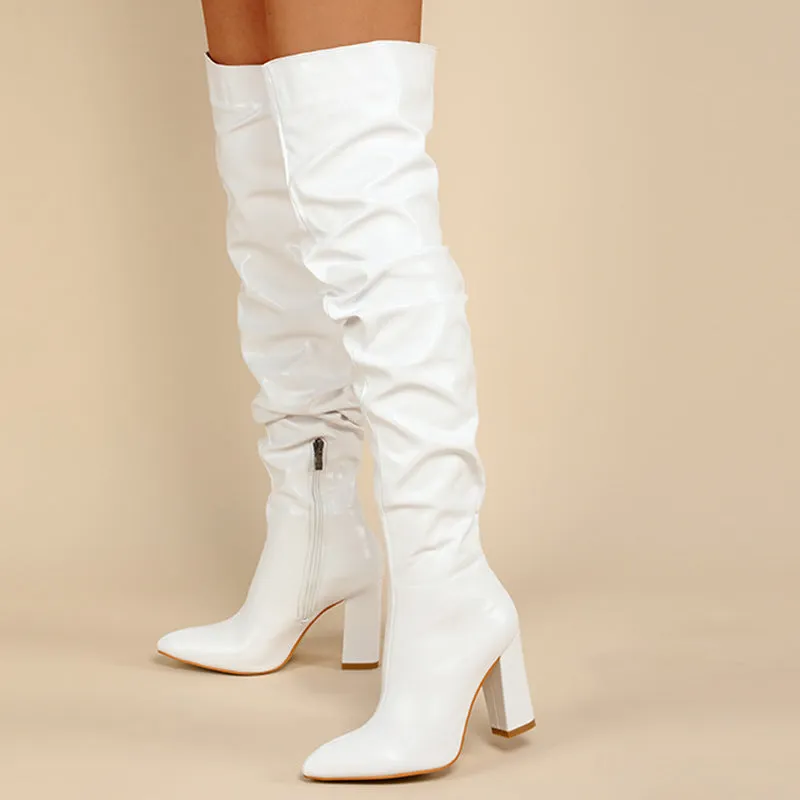 Women fashion solid color side zipper chunky high heel pointed toe over the knee boots