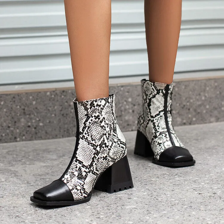 Women's Snake Printed Patchwork Block Heel Short Boots