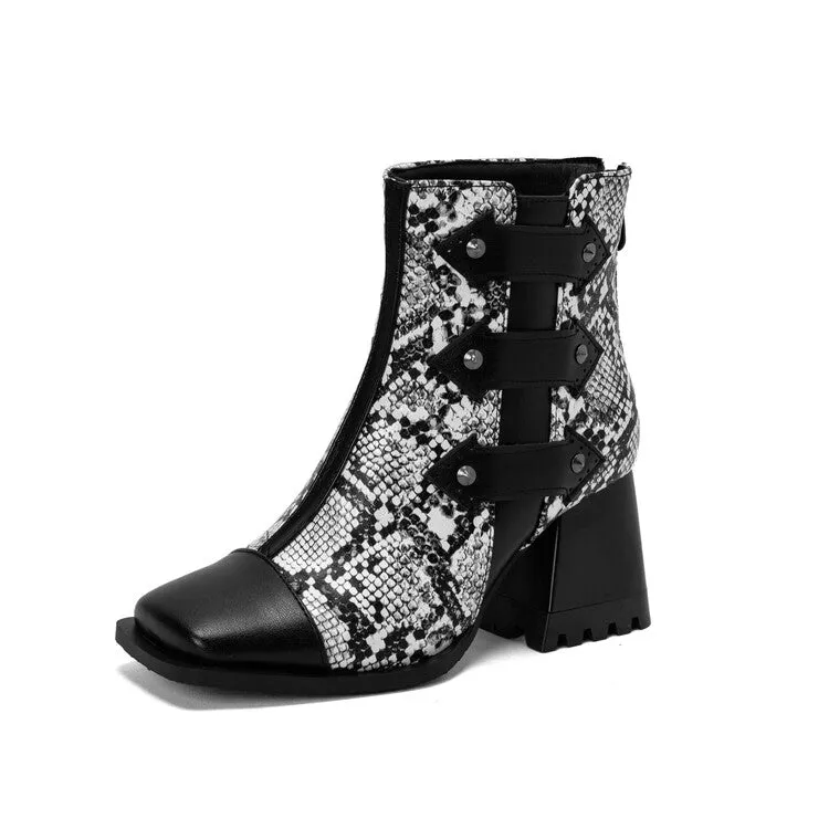 Women's Snake Printed Patchwork Block Heel Short Boots