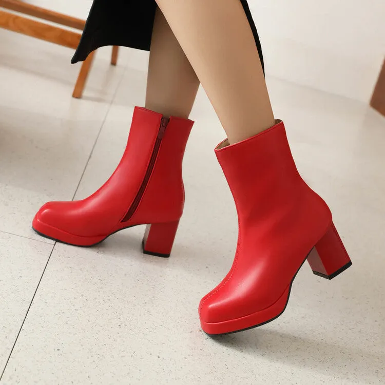 Women's Square Toe Side Zippers Block Heel Platform Short Boots